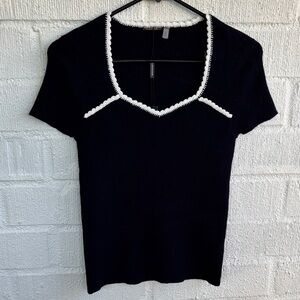 Elie Tahari Scalloped Knit Navy White Short Sleeve Top sz S